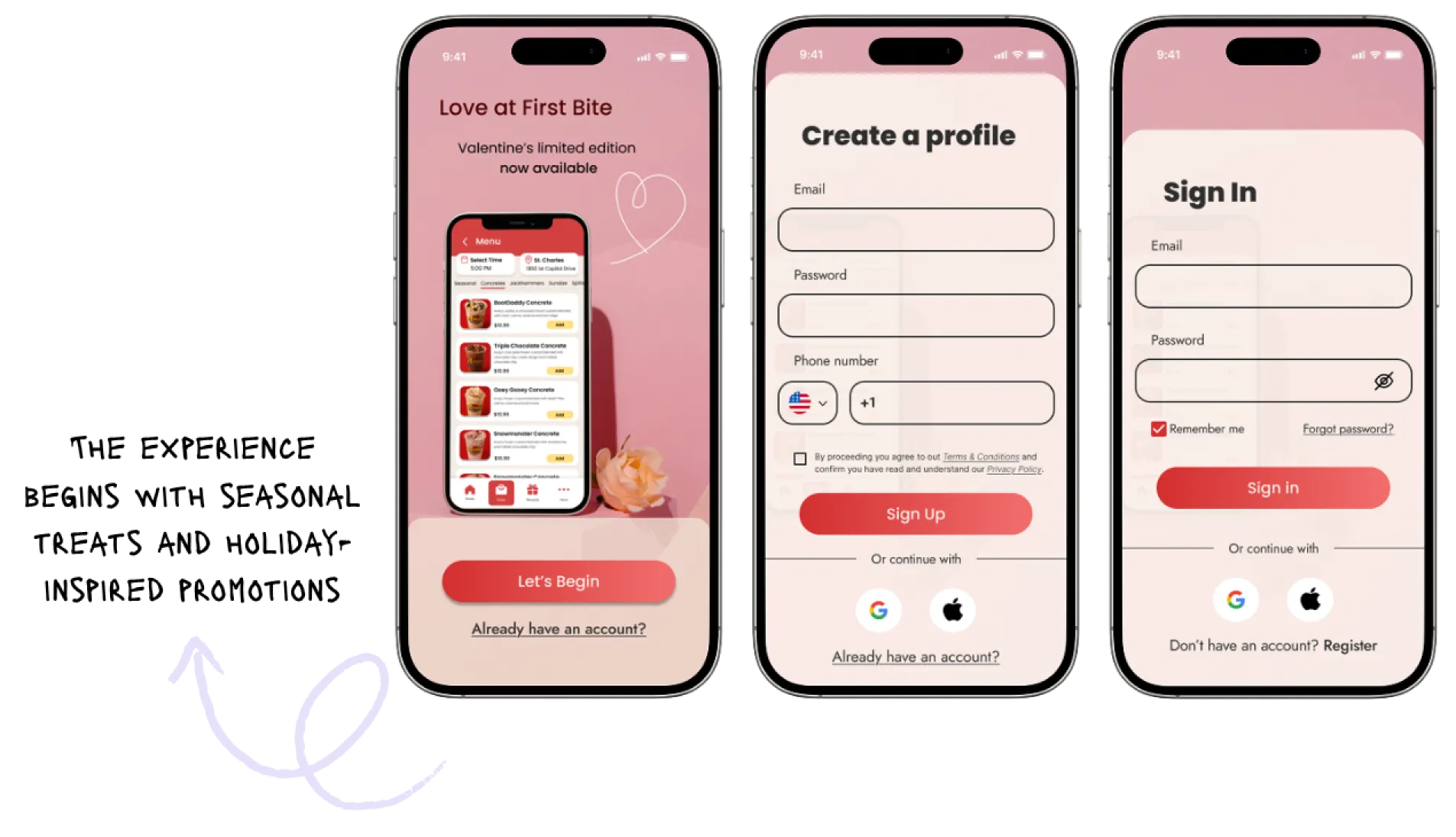 Andy's Frozen Custard Valentine's promo screen, create a profile, and sign in screens, with a note that the experience begins with seasonal treats and holiday-inspired promotions