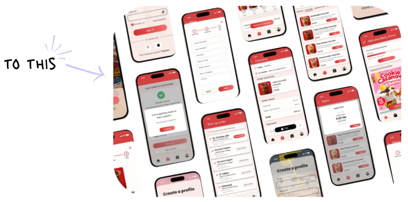 High-fidelity mockups of the redesigned Andy's app screens