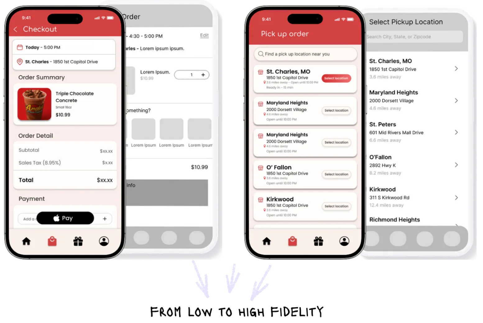 Checkout and pick-up location screens shown side by side, moving from low-fidelity wireframes to high-fidelity UI