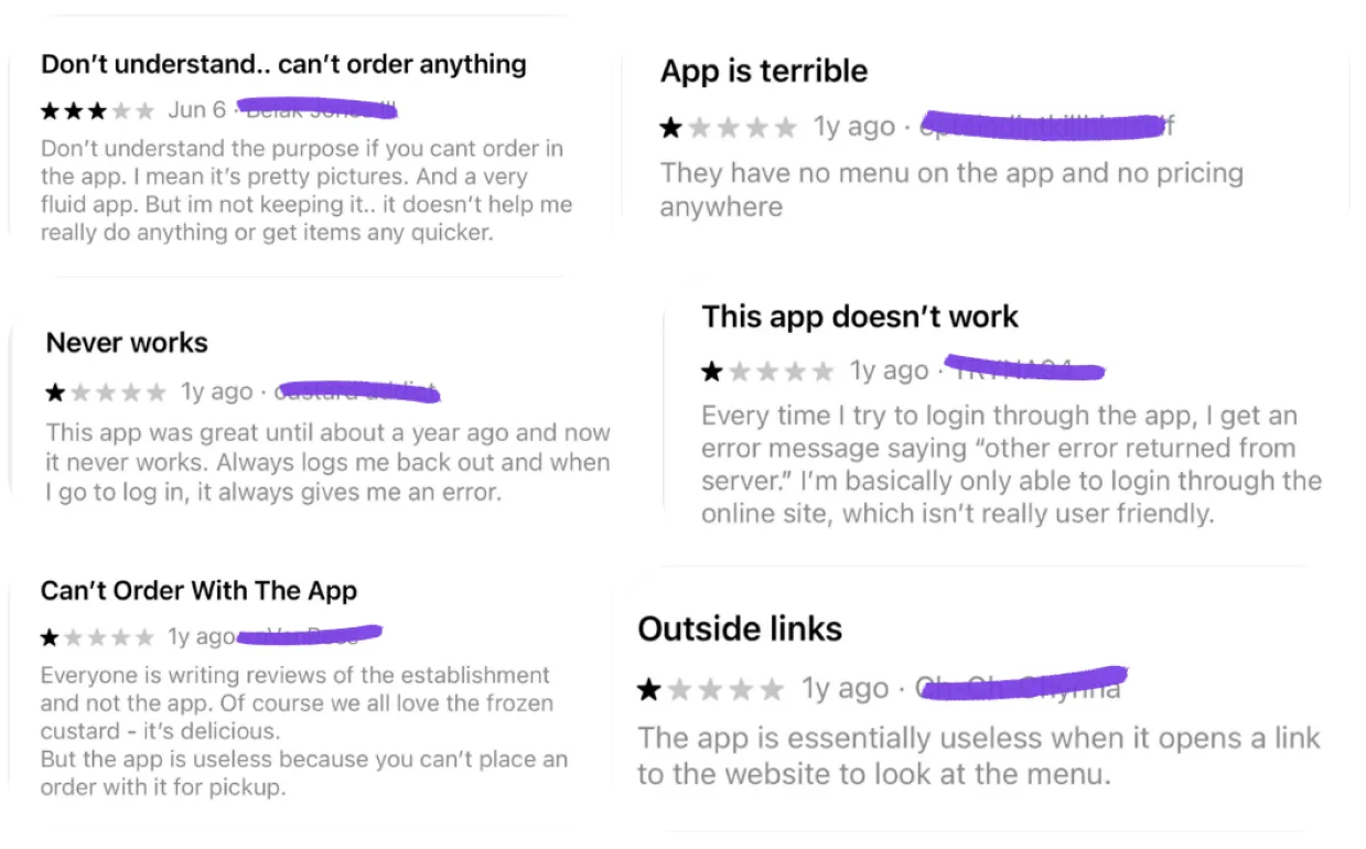 Grid of one-star app store reviews complaining about not being able to order, frequent errors, and being redirected to outside links