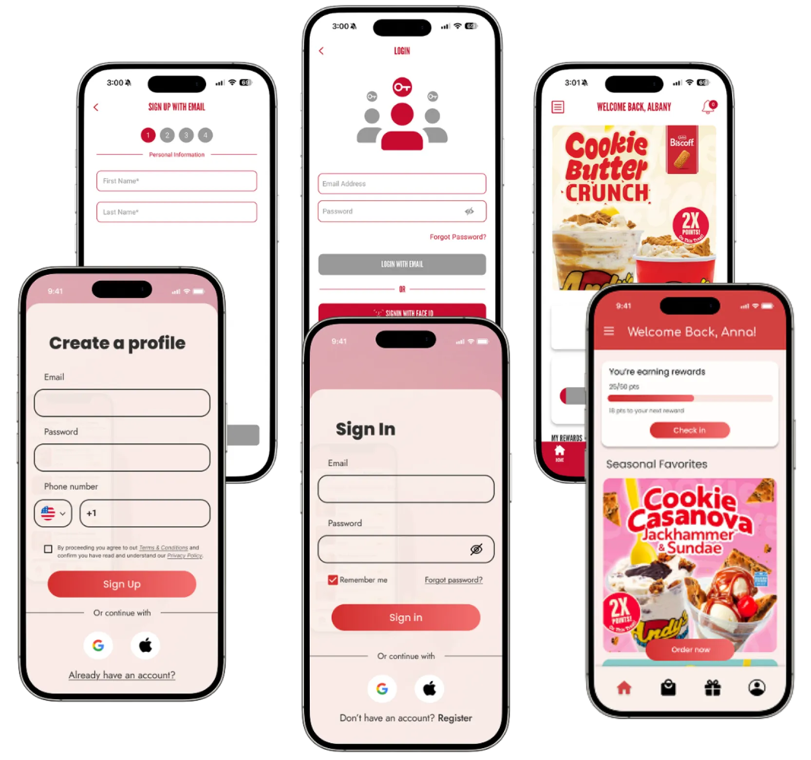 Final Andy's Frozen Custard app screens — sign up, create a profile, sign in, and the rewards home screen