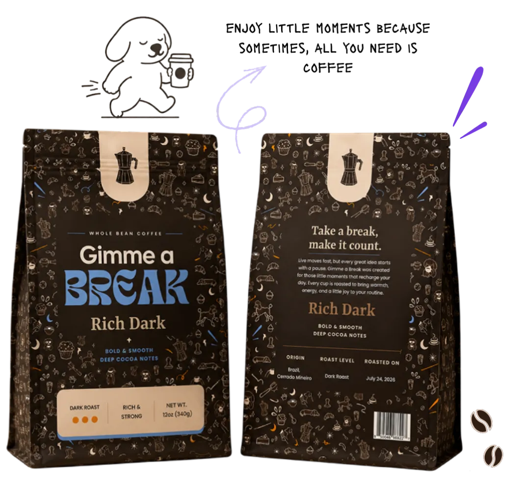 Gimme a Break coffee packaging, front and back of the Rich Dark whole bean bag