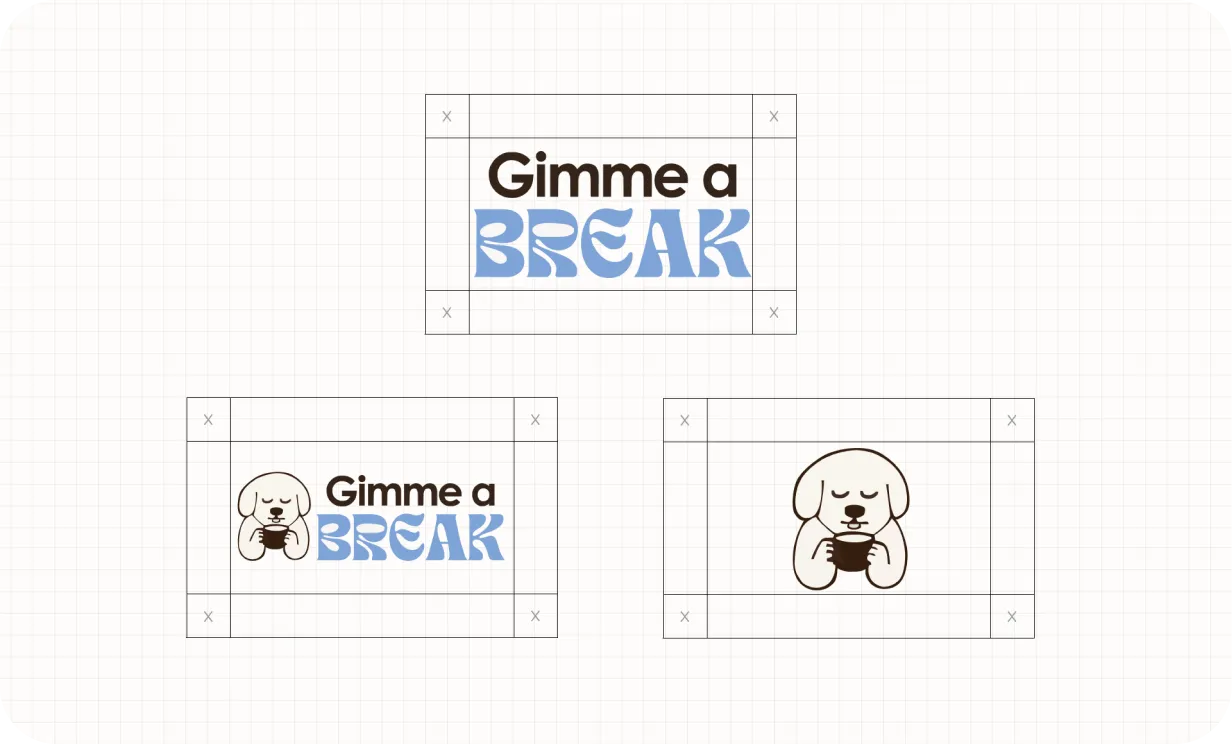 Gimme a Break logo construction grid — primary lockup, horizontal lockup with mascot, and standalone mascot mark