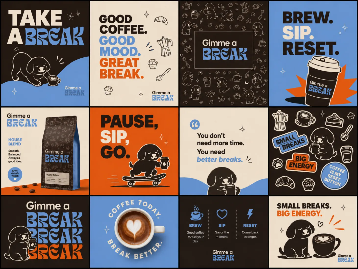 Moodboard grid of twelve Gimme a Break social media post designs