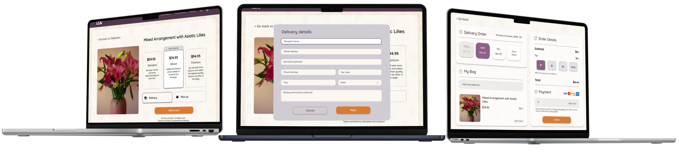 Redesigned product page, delivery details modal, and checkout screen shown on three laptops