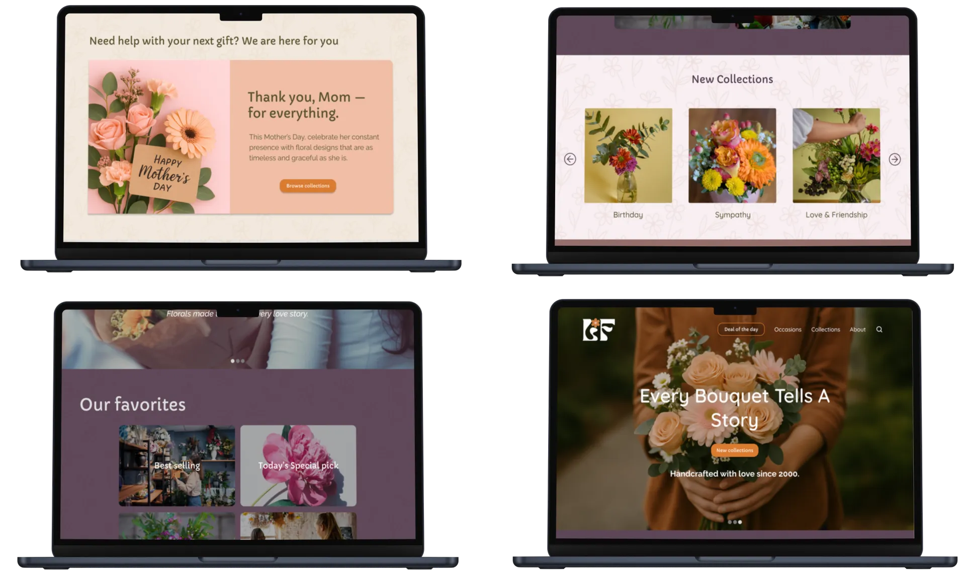 Final redesigned florist site screens on laptop — Mother's Day promo, new collections, our favorites, and homepage