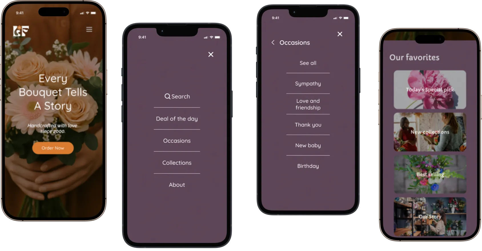 Old florist site screens on mobile — home, menu, occasions submenu, and favorites list