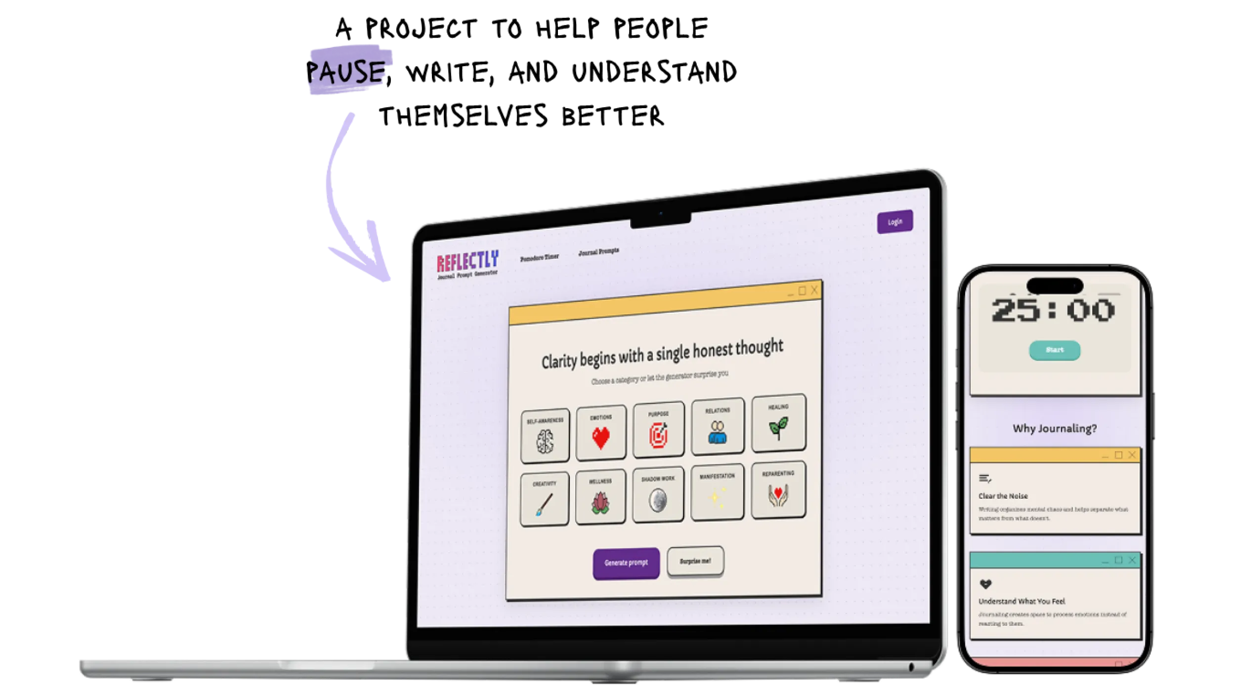 Reflectly journal prompt generator shown on laptop and phone