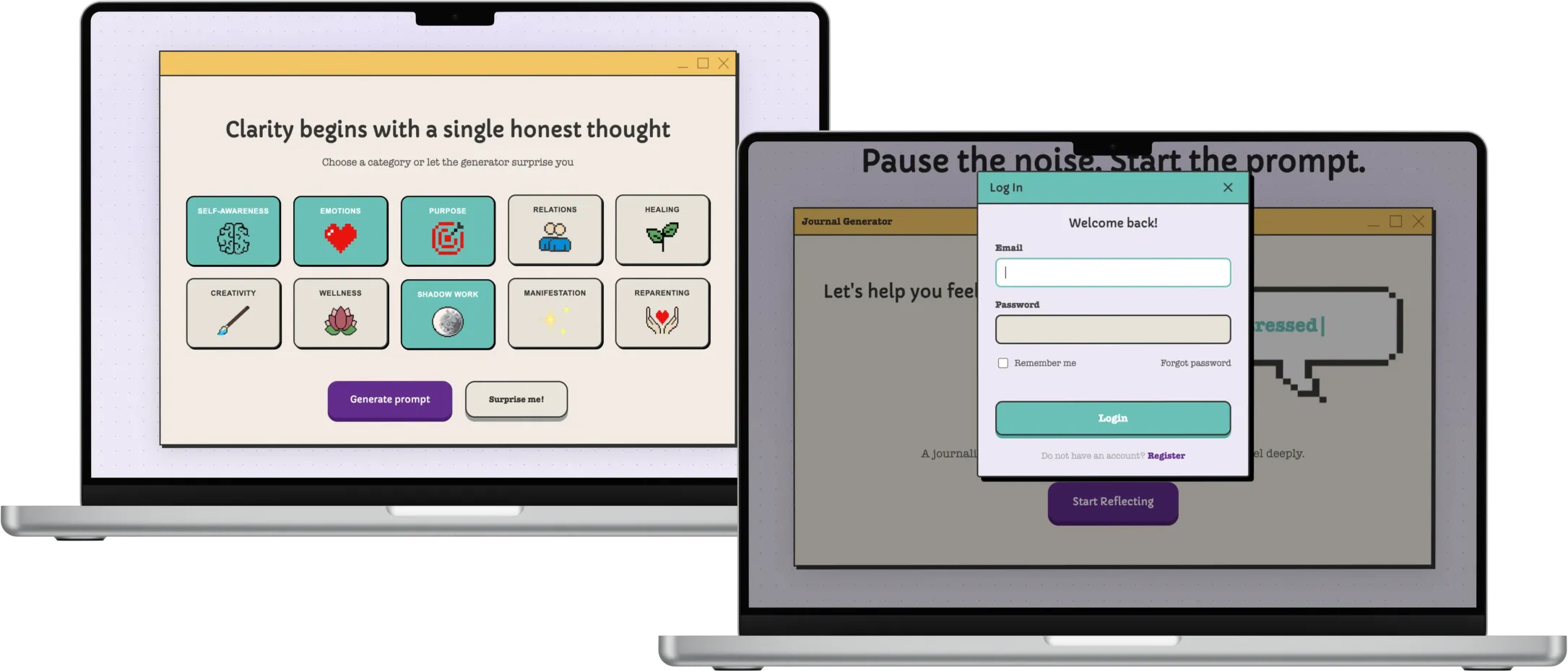 Two overlapping laptops showing the Reflectly journal prompt generator and the login modal